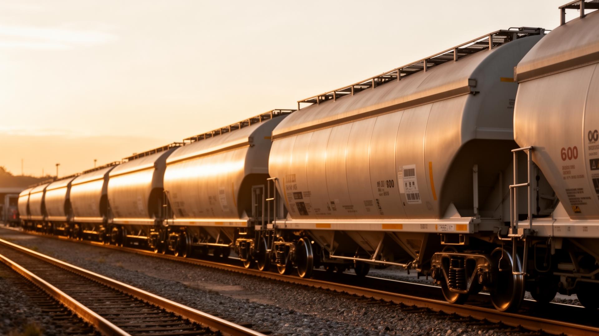 Dry bulk transloading facility at dusk with hopper rail cars and pneumatic tank trucks