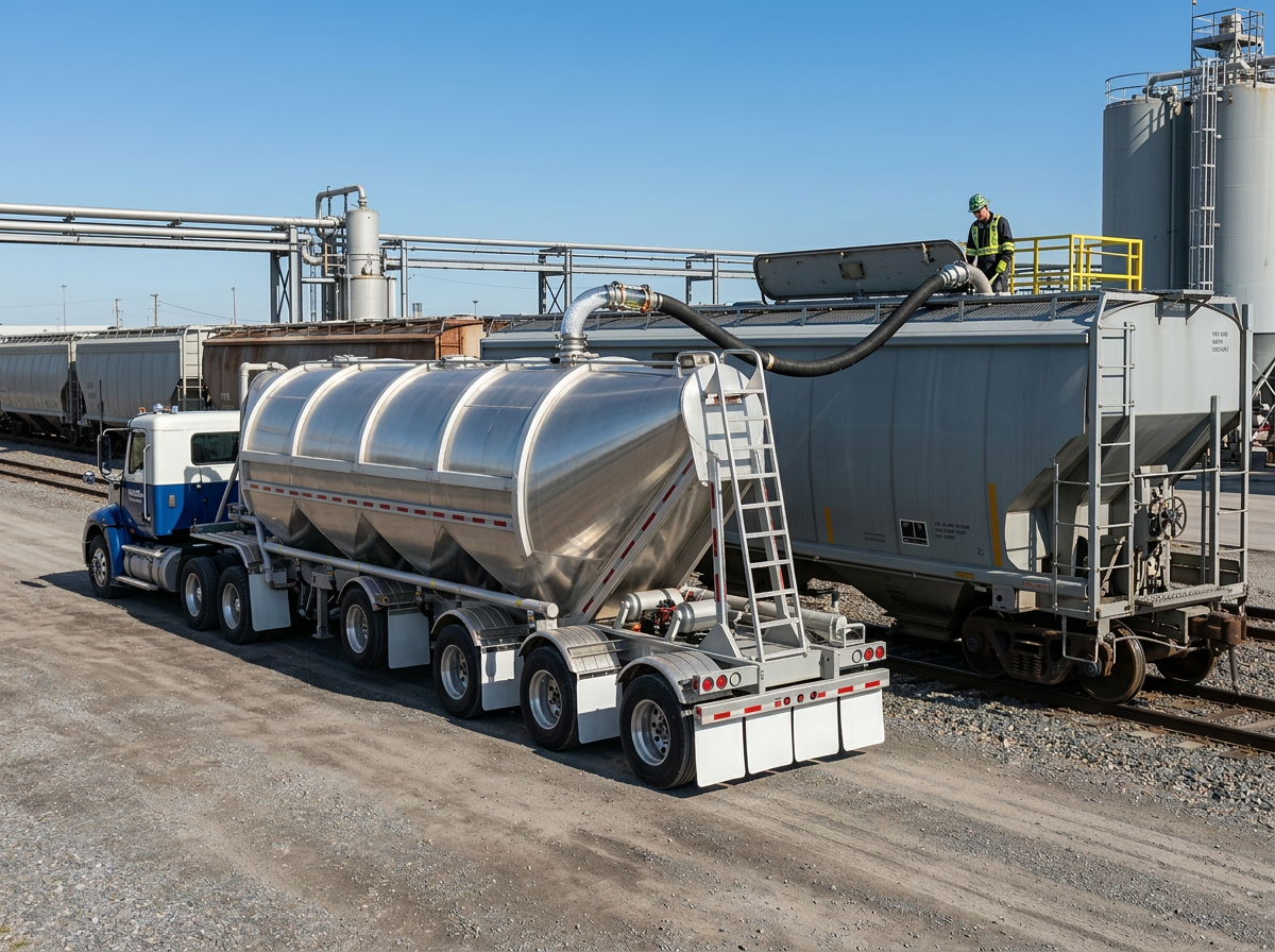 Dry bulk tanker being loaded from a railcar via pneumatic vacuum hose